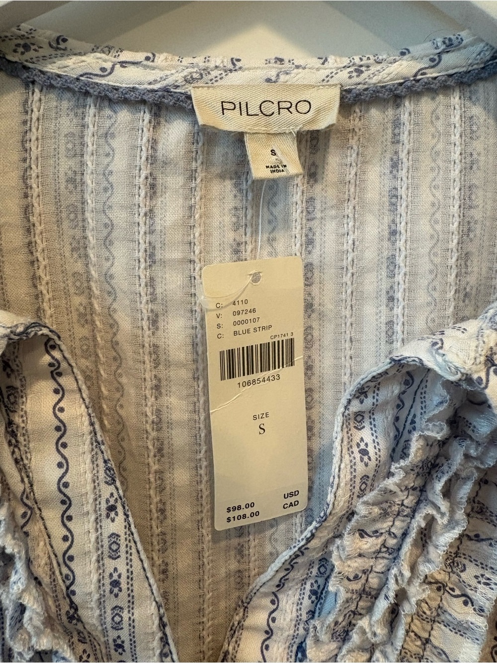 Pilcro Keira Tuxedo Blouse, Light Blue & White Striped Ruffle-Trim Button Down - Picture 2 of 11